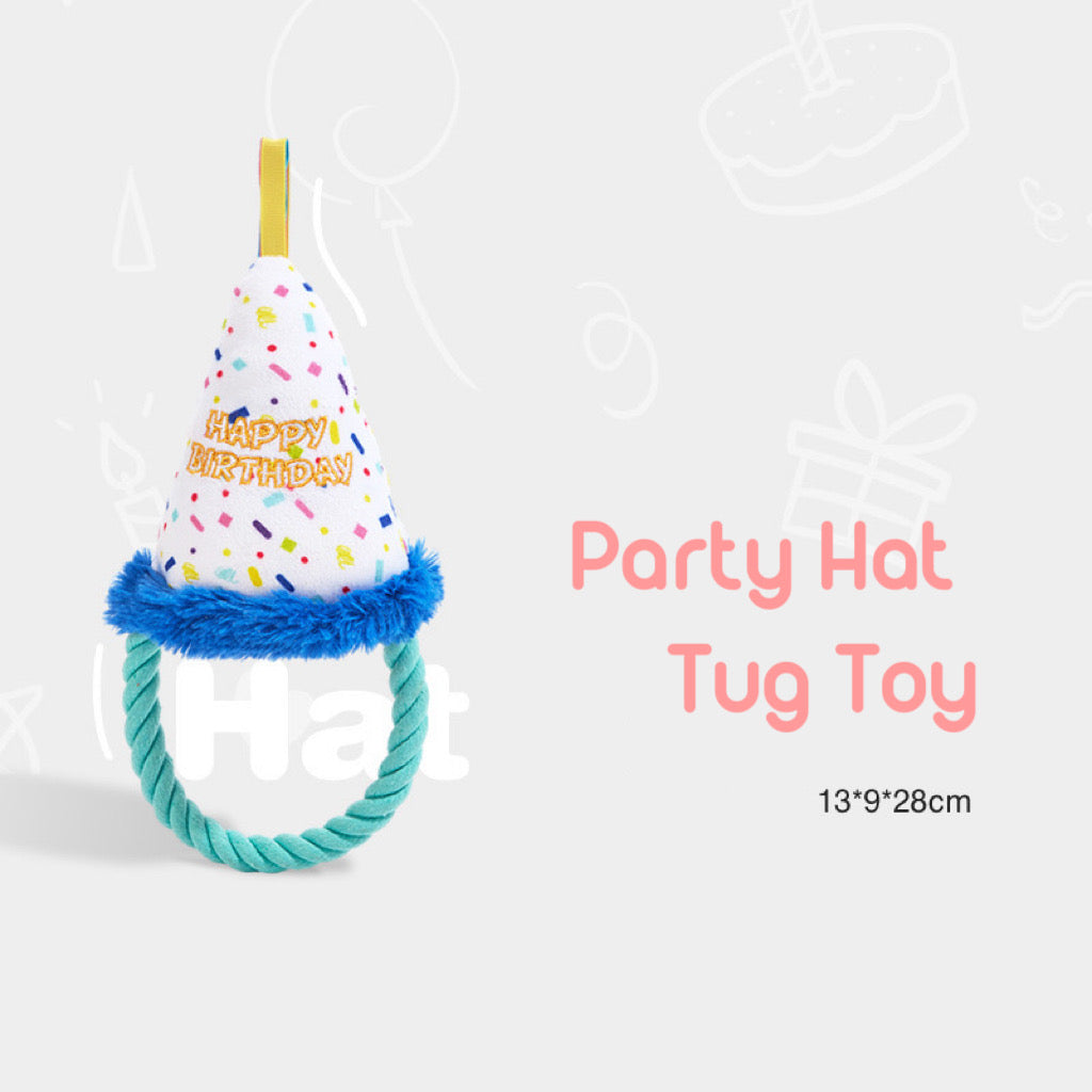 Party Hat Tug Toy - Adorable Birthday Party Squeaky Toys for Dog